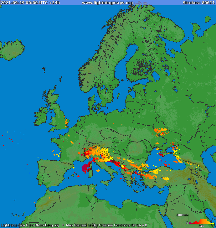 Mapa blesků Evropa 19.09.2021