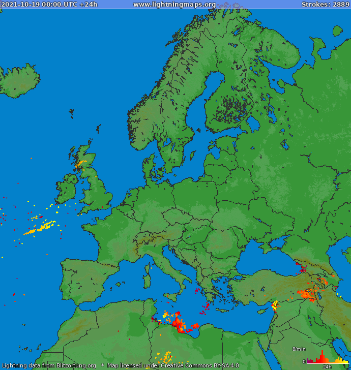 Mappa dei fulmini Europa 19.10.2021