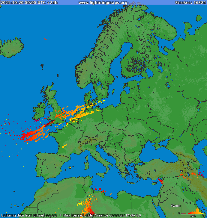 Mappa dei fulmini Europa 20.10.2021