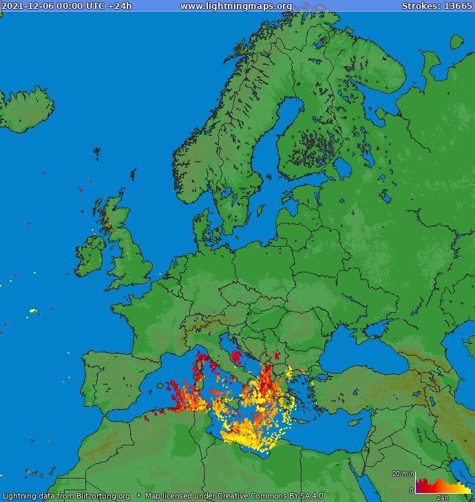 Lightning map Europe 2021-12-06