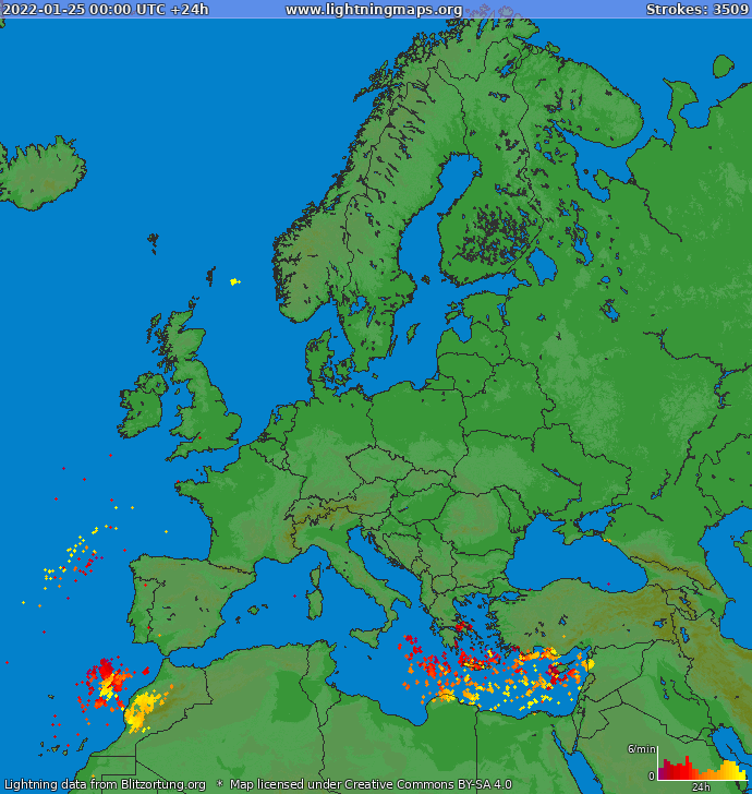 Mappa dei fulmini Europa 25.01.2022