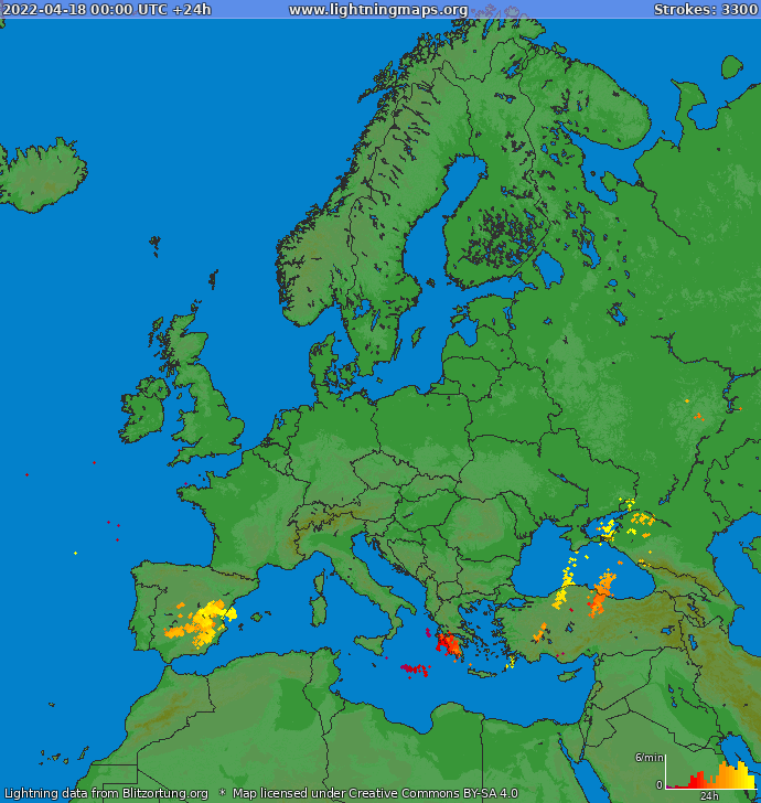 Mappa dei fulmini Europa 18.04.2022