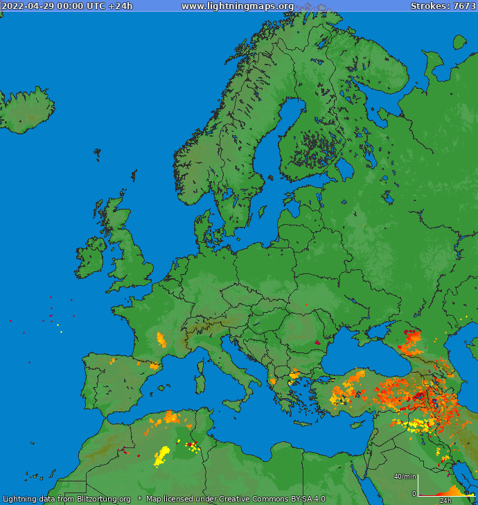 Mapa blesků Evropa 29.04.2022