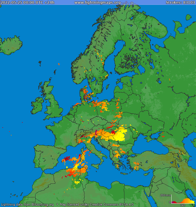 Lightning map Europe 2022-05-25