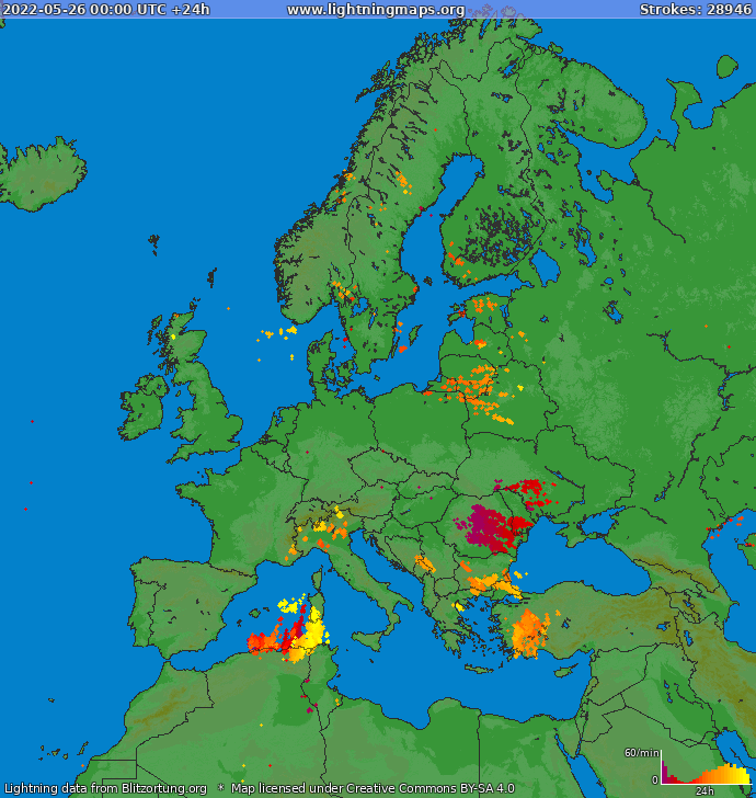 Mapa blesků Evropa 26.05.2022