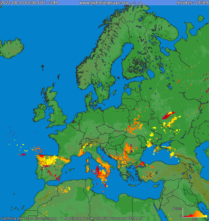 Lightning map Europe 2022-08-10