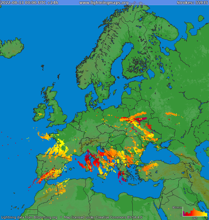 Lightning map Europe 2022-08-13