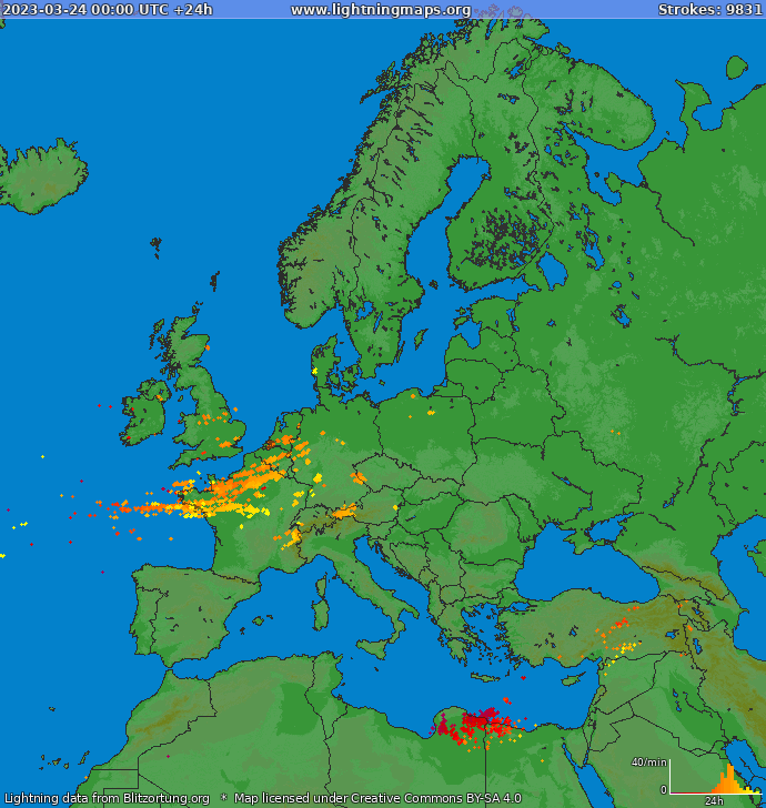Mapa bleskov Európa 24.03.2023
