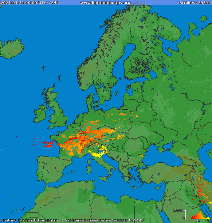 Mapa blesků Evropa 31.03.2023