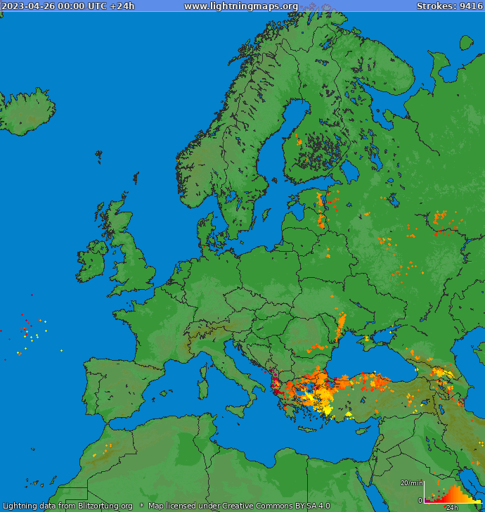 Mapa bleskov Európa 26.04.2023