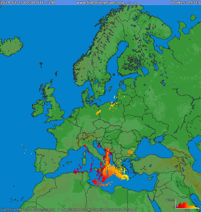 Карта блискавок Європа 25.02.2024