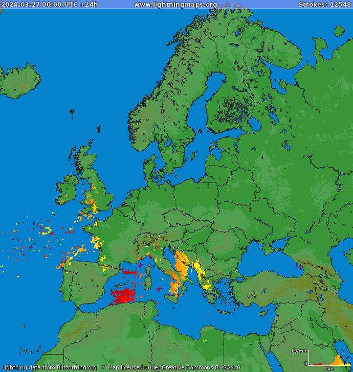 Mapa blesků Evropa 27.03.2024