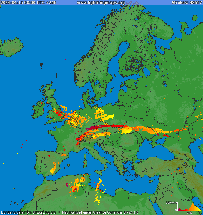 Mappa dei fulmini Europa 15.04.2024