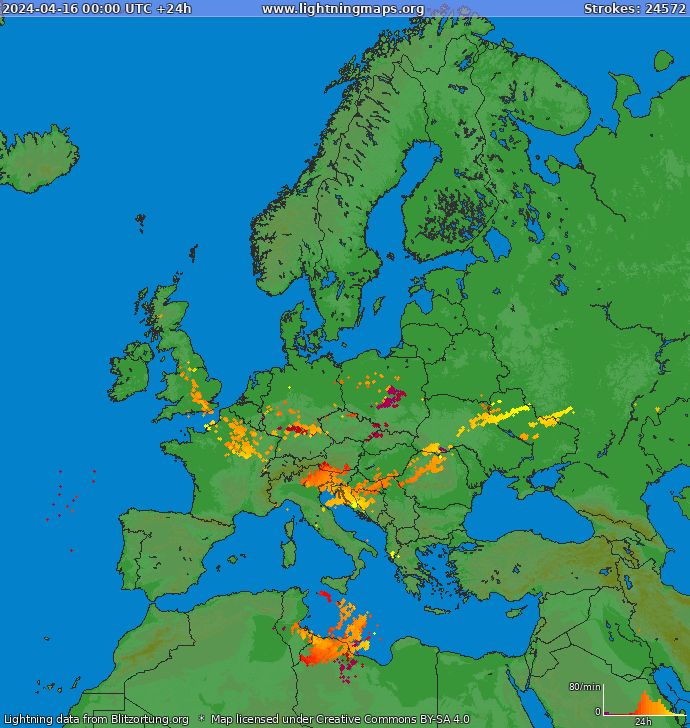 Lightning map Europe 2024-04-16