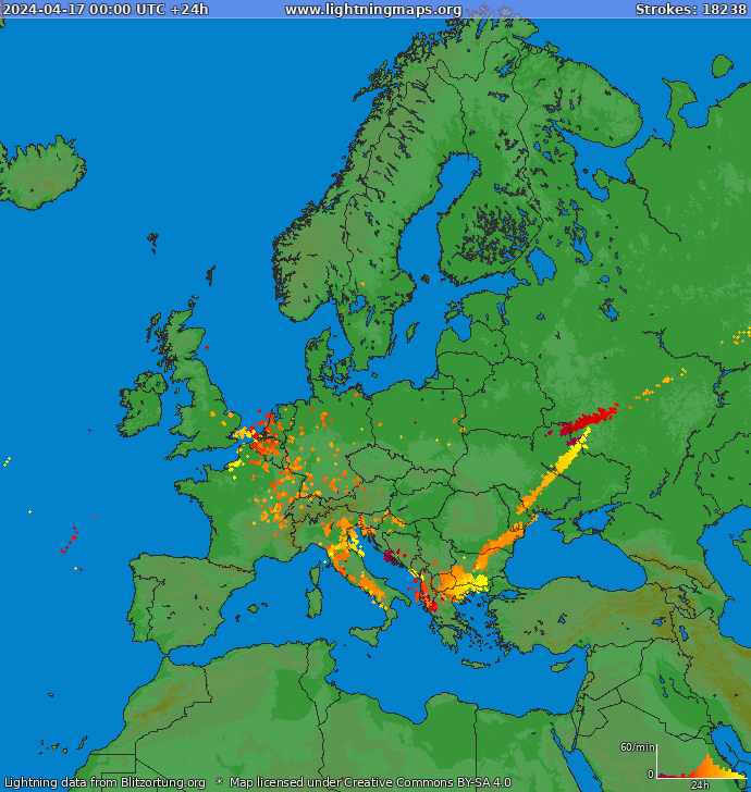 Mapa wyładowań Europa 2024-04-17