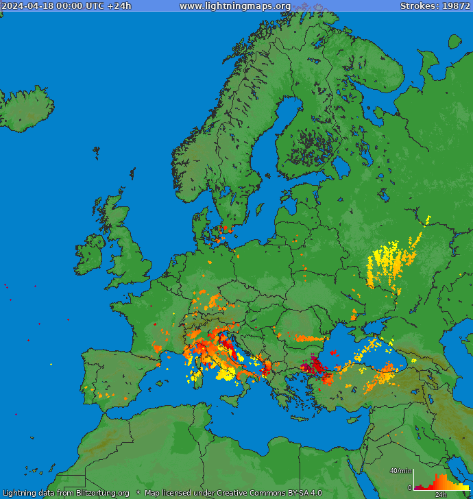 Lightning map Europe 2024-04-18