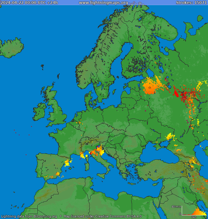 Mapa wyładowań Europa 2024-04-22