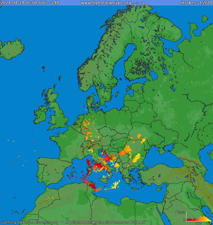 Mapa bleskov Európa 24.04.2024