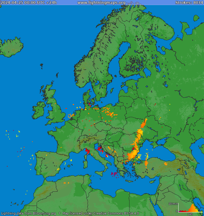 Mapa wyładowań Europa 2024-04-25