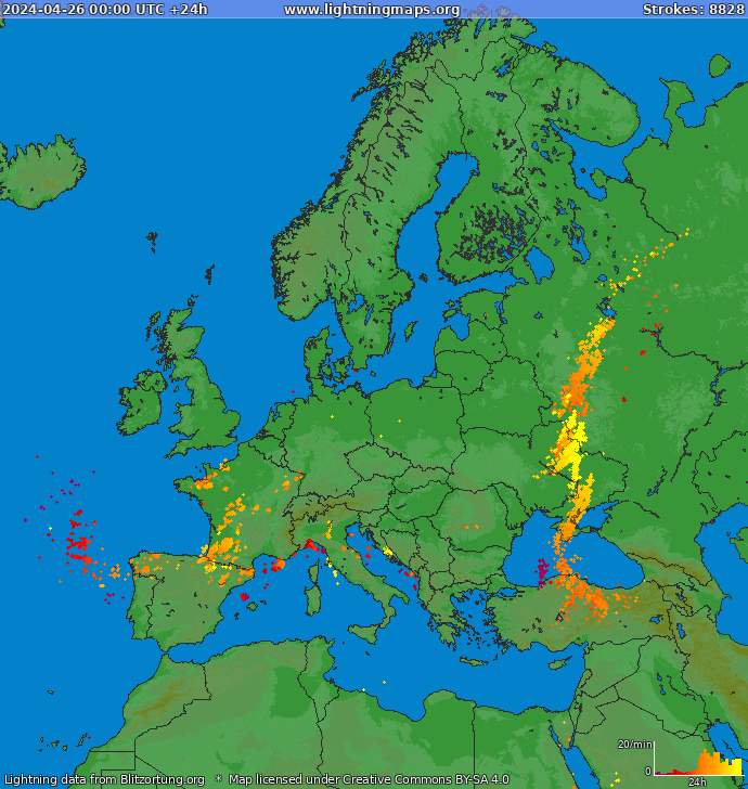 Mappa dei fulmini Europa 26.04.2024