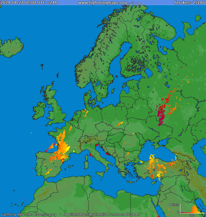 Mapa wyładowań Europa 2024-04-27