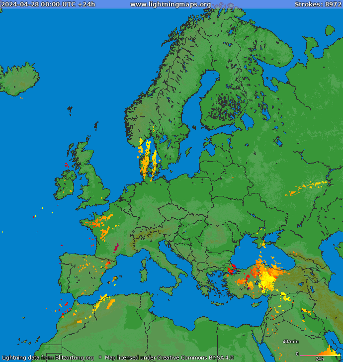 Mappa dei fulmini Europa 28.04.2024