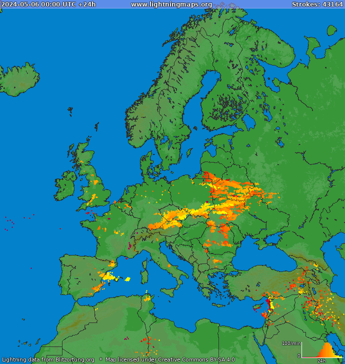 Карта блискавок Європа 06.05.2024
