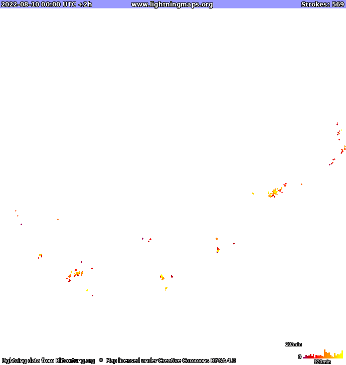 Mapa blesků Evropa 10.08.2022 (Animace)