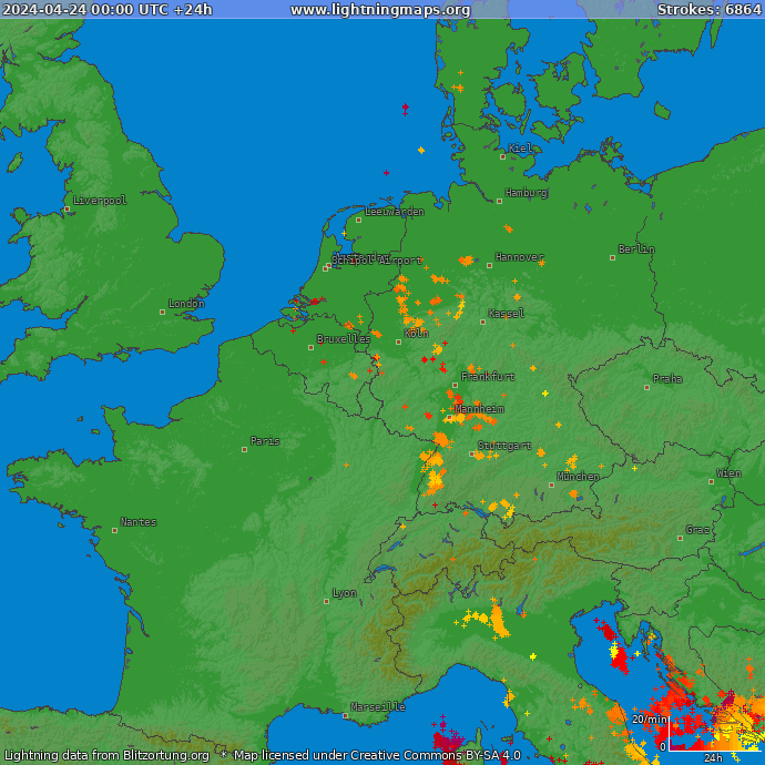 Lightning map Western Europe 2024-04-24