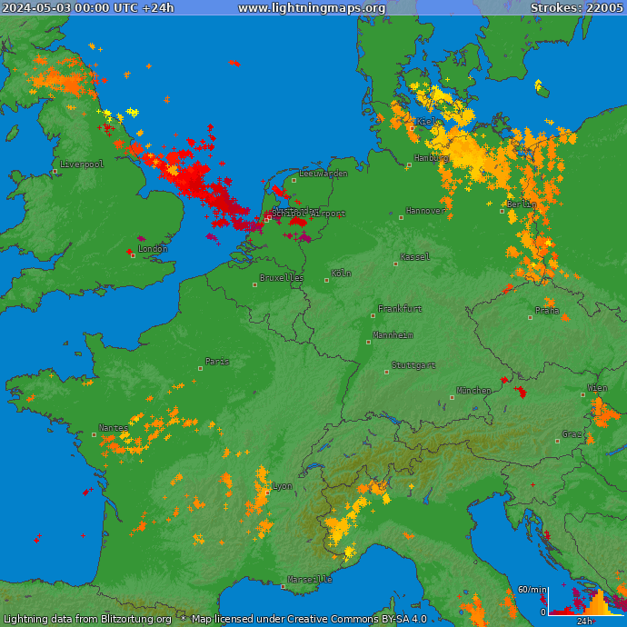Lightning map Western Europe 2024-05-03