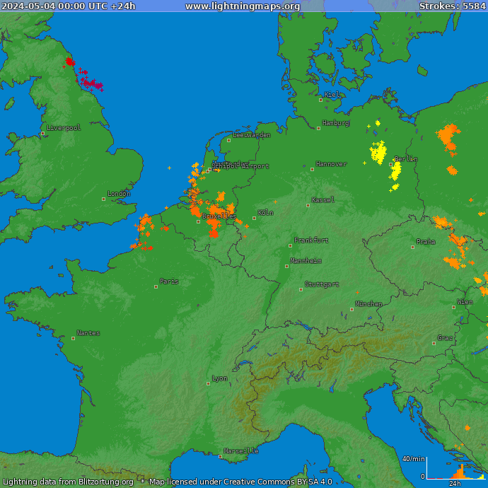 Mapa blesků Západní Evropa 04.05.2024