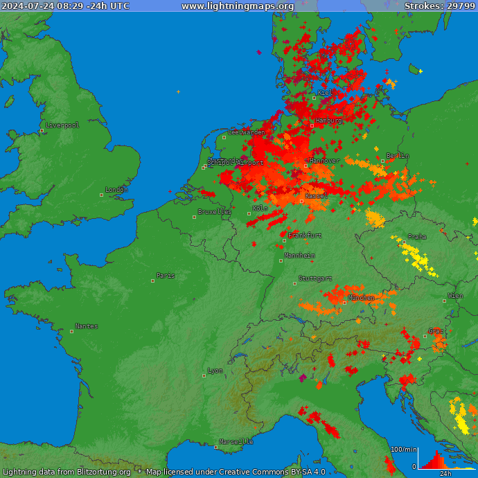 Lightning map Western Europe 2024.04.27 14:37:47 UTC