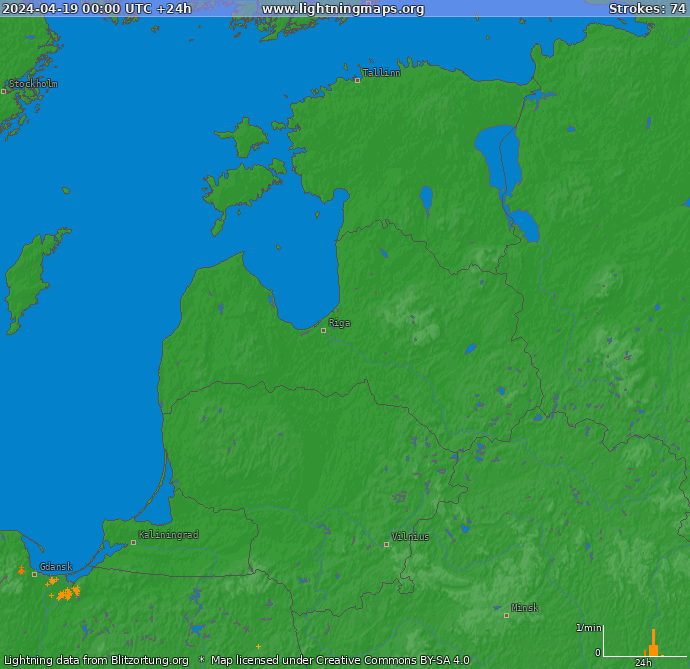 Mapa wyładowań Kraje Bałtyckie 2024-04-19