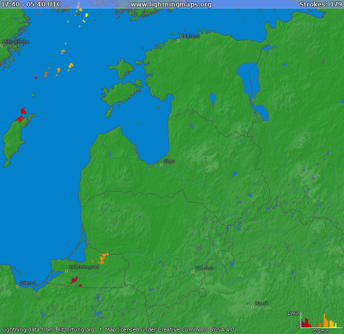 Lightning map Baltic States 2024.06.16 20:06:41 UTC