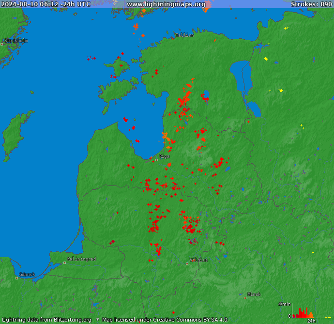 Mapa blesků Baltické státy 16.06.2024 16:18:00 UTC