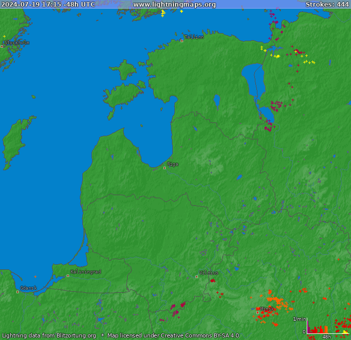 Mapa wyładowań Kraje Bałtyckie 2024-05-10 22:15:18 UTC