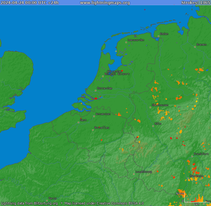 Mapa blesků Benelux 24.04.2024