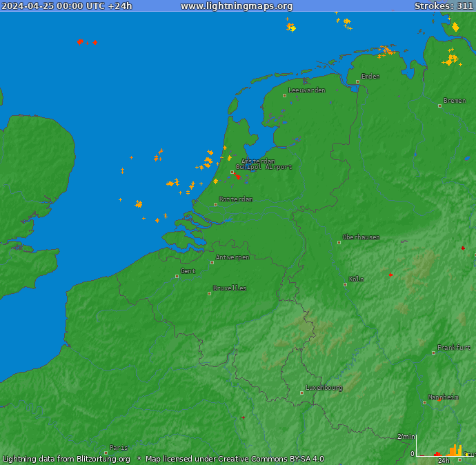 Lightning map Benelux 2024-04-25