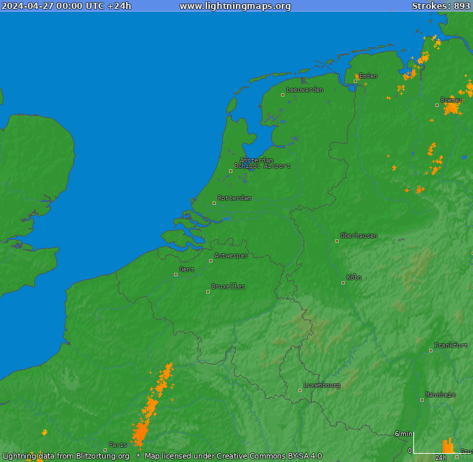 Lightning map Benelux 2024-04-27