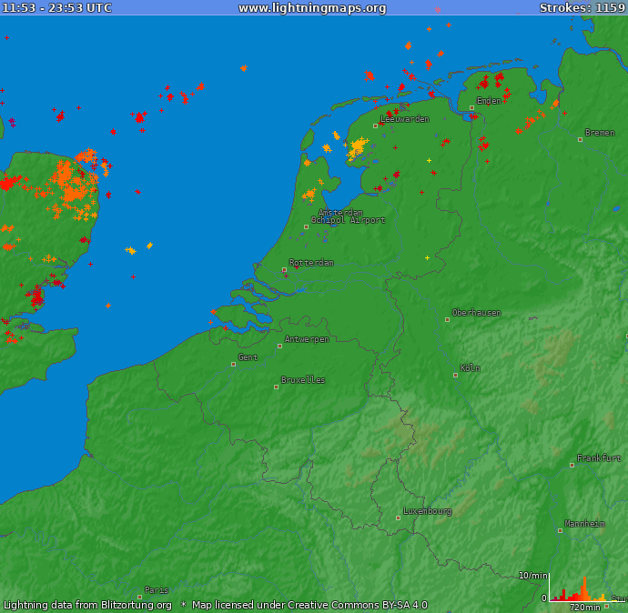 Mapa blesků Benelux 23.04.2024 16:50:09 UTC