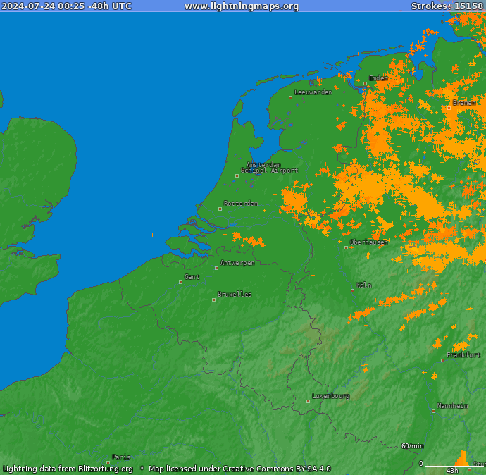 Mapa wyładowań Benelux 2024-04-28 0:41:15 UTC
