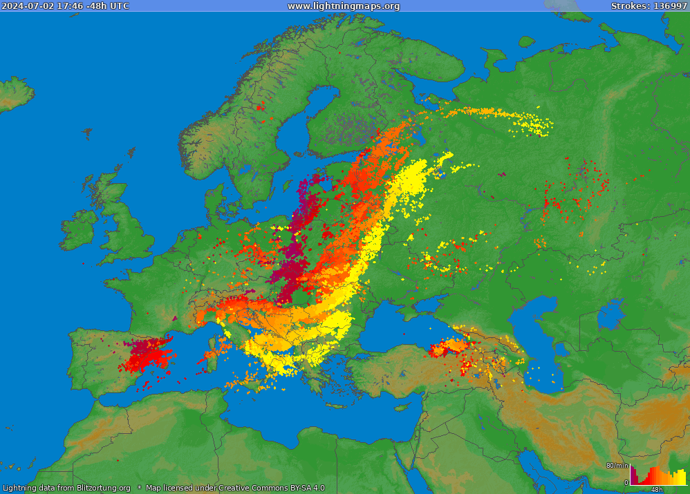 Mapa blesků Europe (Big) 16.06.2024 18:58:01 UTC