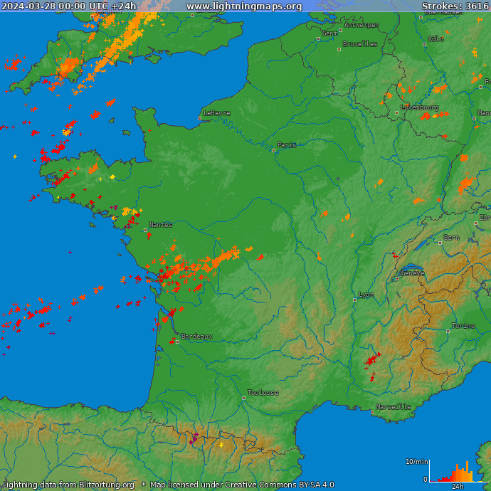 Mappa dei fulmini Francia 28.03.2024