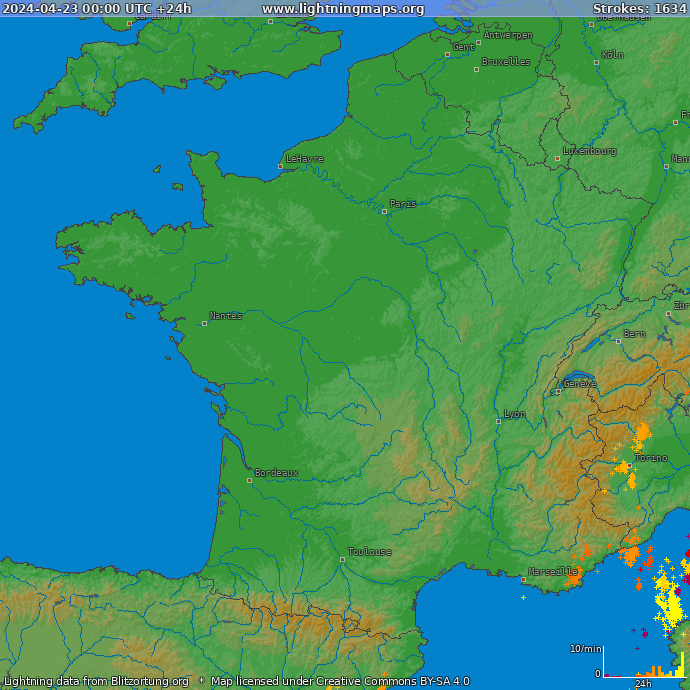 Mappa dei fulmini Francia 23.04.2024