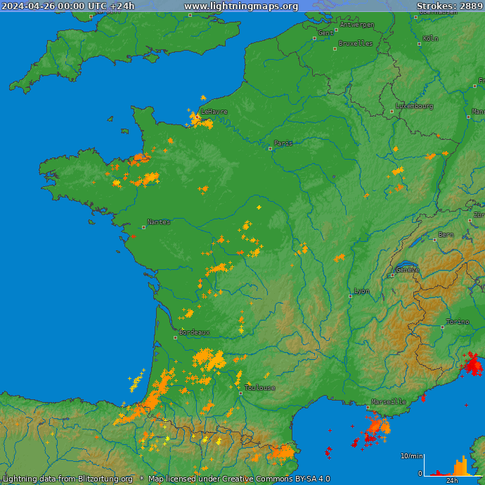 Mappa dei fulmini Francia 26.04.2024