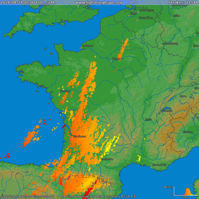 Mapa bleskov Francúzsko 27.04.2024