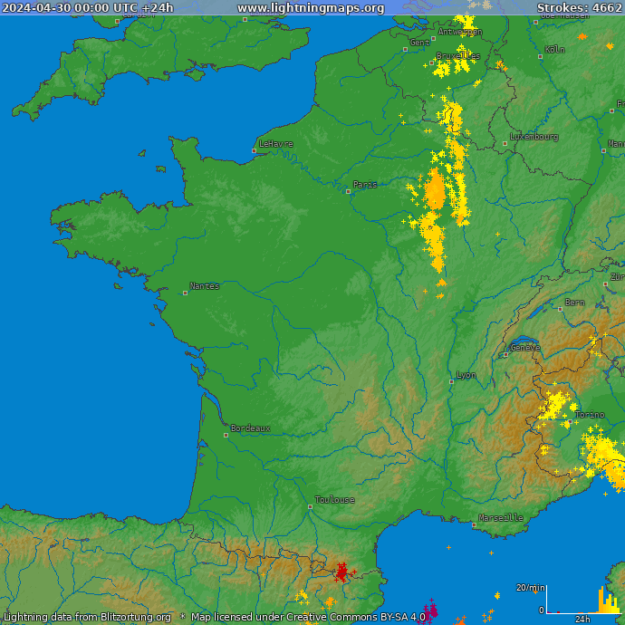 Mappa dei fulmini Francia 30.04.2024