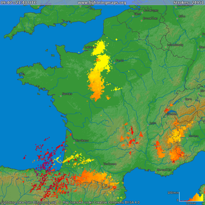 Mapa blesků Francie 25.04.2024 15:22:17 UTC