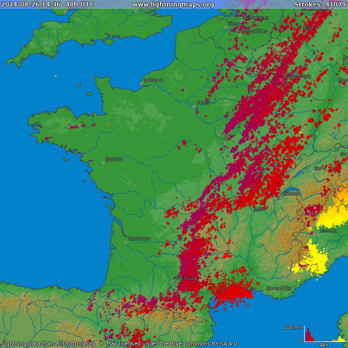 Mapa blesků Francie 25.04.2024 05:33:10 UTC