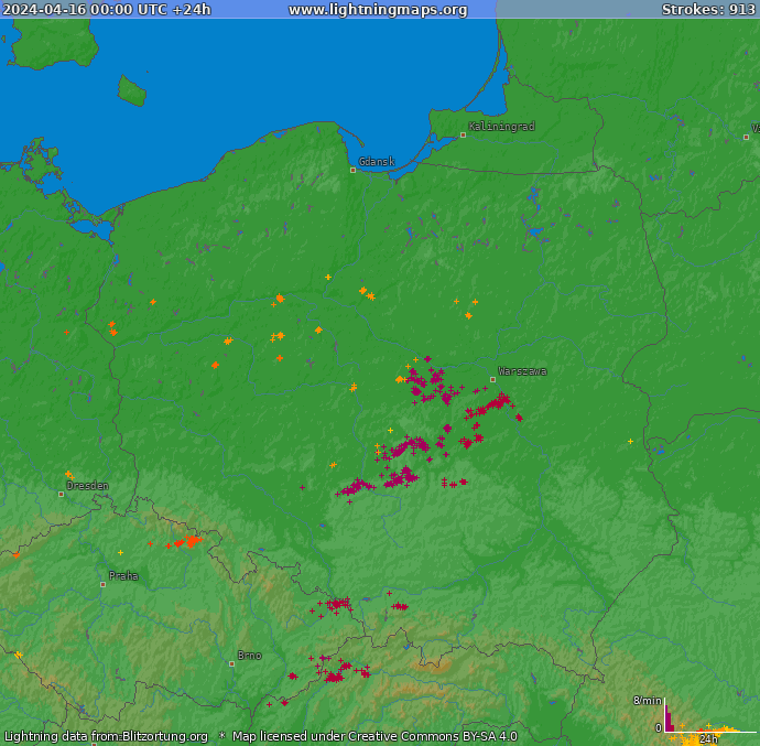 Карта блискавок Польща 16.04.2024